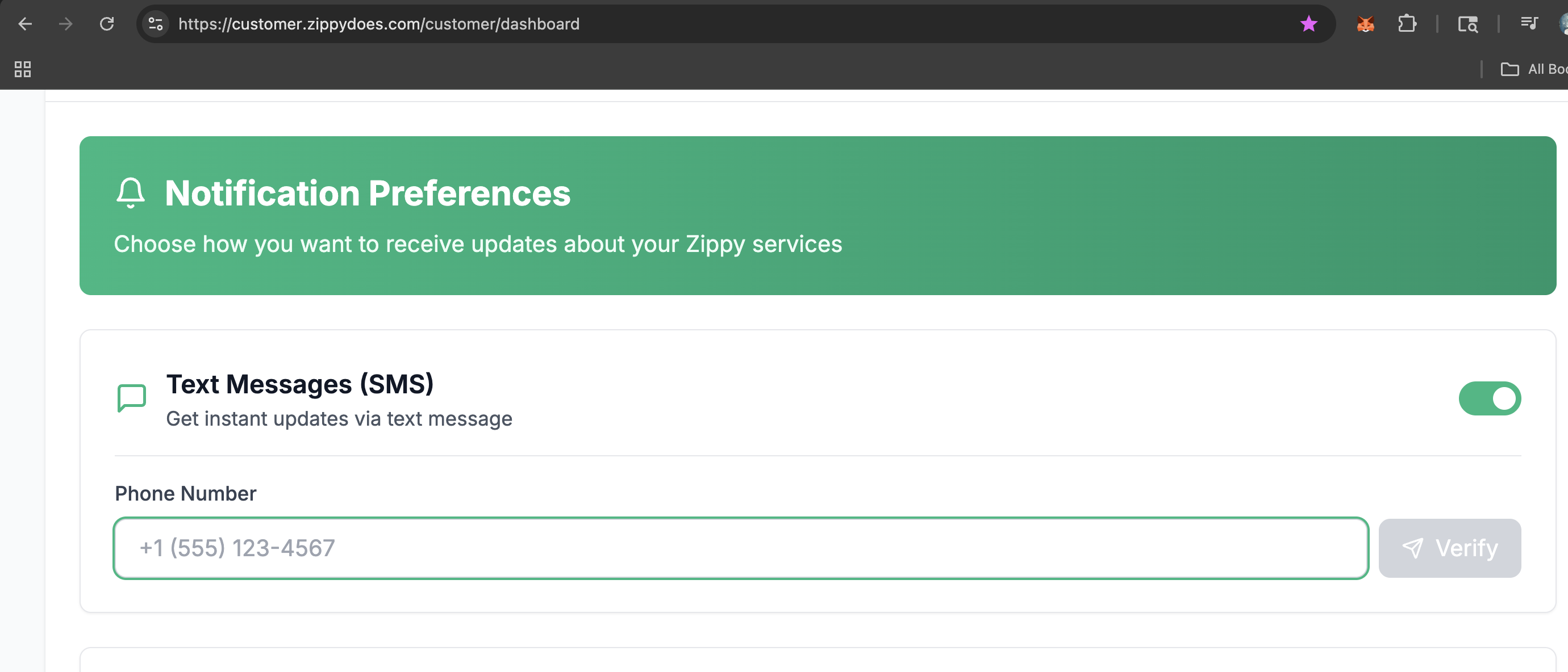 SMS Notification Opt-In Interface showing Text Messages (SMS) toggle, phone number input field, and Verify button